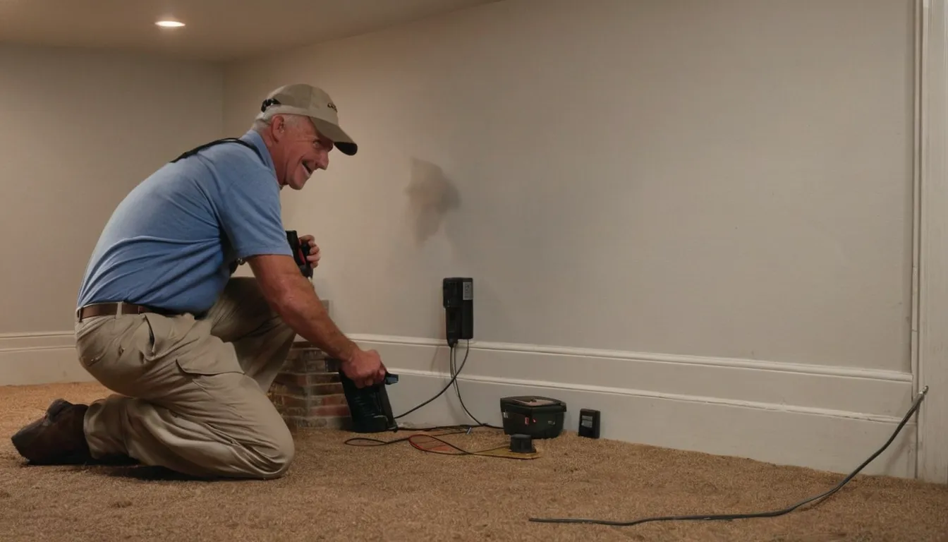 A friendly pest control provider inspecting a basement foundation wall with a flashlight in a Old Westbury home